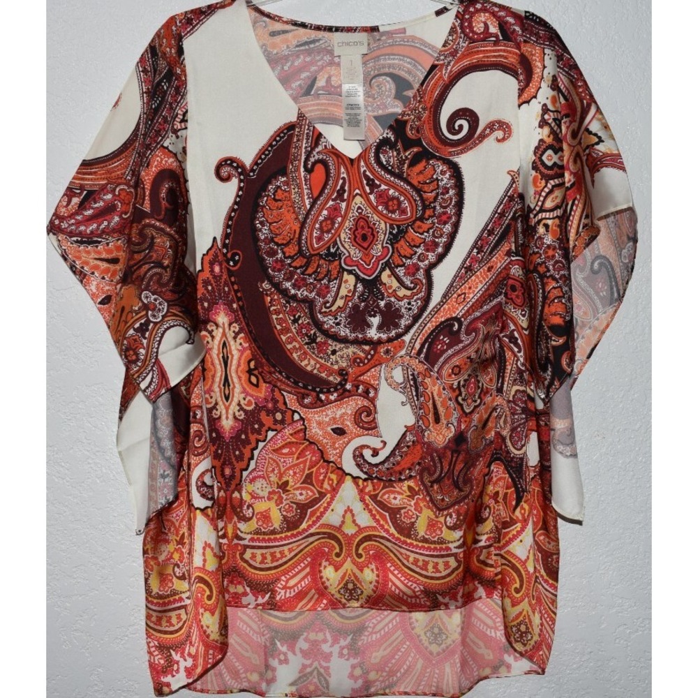 Chicos 1 Medium Paisley Top Lined Kimono Sleeve Lightweight‎ Breezy Blouse Artsy
